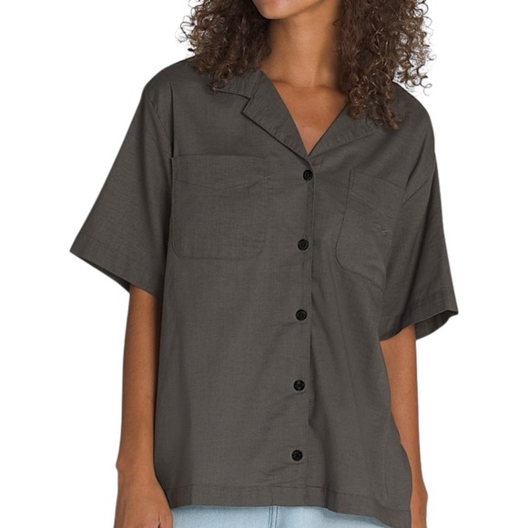 Vans Cassidy Camp Shirt Women's XL Gray Boxy Fit Embroidered Button Short Sleeve - Picture 1 of 10